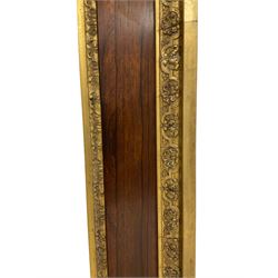 19th century rosewood and gilt stepped rectangular frame, the central rosewood panel flanked by repeating moulded cartouche and scroll decoration, aperture 79cm x 66cm