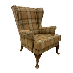 Parker Knoll - pair of Georgian design hardwood framed wingback armchairs, upholstered in beige ground tartan fabric, raised on cabriole supports