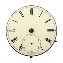 Late 18th/early 19th century verge fusee pocket watch movement by Richard Tompion, London, No. 3505, engraved balance cock decorated with a mask, cream enamel dial with Roman numerals and subsidiary seconds dial