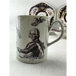 18th century Worcester mug printed in black with a head and shoulders portrait of Frederick II of Prussia, the reverse with Fame blowing trumpets, battle honours including Russia, dated and signed in the print RH Worcester for Robert Hancock and anchor rebus for Richard Holdship 1757 H9cm, two early 19th century Ridgway plates painted with panels of flowers with two matching soup bowls and a tea bowl and saucer (7)