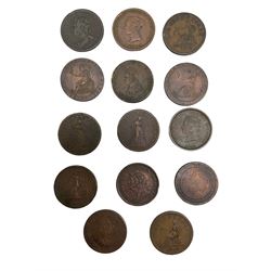 Fourteen 19th century tokens, including New Brunswick one penny token dated 1843, Province of Nova Scotia one penny token dated 1824, Phoenix iron-works Sheffield one penny token dated 1813 etc