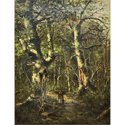 English School (19th century): Gathering Firewood in a Silver Birch Forest, oil on canvas indistinctly signed 26cm x 20cm