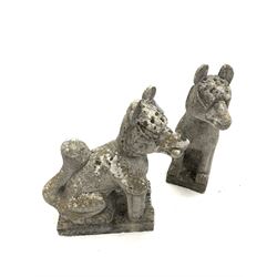 Pair of reconstituted stone garden statues in the form of oriental dogs H73cm