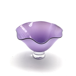  Gillies Jones Rosedale purple glass bowl with crimped black rim on a short pedestal foot, D15.5cm x H10cm  