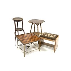 Early 20th century chess board occasional table, the top inlaid with rosewood and satinwood squares, raised on brass base (W51cm) together with a Edwardian mahogany plant stand with brass galleries, (H77cm) a late Victorian bamboo occasional table (H66cm) and an early 20th century Art Deco walnut stool (W45cm)