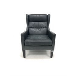 Barker and Stonehouse - contemporary leather upholstered wing back armchair, raised on square tapered ebonised supports, W67cm H96cm
