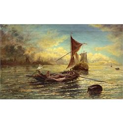 S E Melville (British 19th/20th century): Sailing off the Dutch Coast, oil on canvas signed and dated 1901 together with W H Berry (British 20th century): Sailing Vessels at Sunset, oil on board signed max 24cm x 40cm (2)