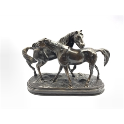 After Pierre-Jules Mene, bronze study of two horses, L33cm 