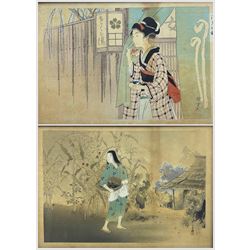 Japanese School (19th century): Kimono Clad Women, near pair woodblock prints with hand colouring max 20cm x 32cm (2)