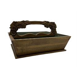 French design carved oak cutlery tray, rectangular tapered from with pierced handle carved with scrolling foliage and flower heads, two divisions W44cm