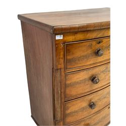 19th century mahogany bow front chest, fitted with two short over three long graduation drawers with cockbeaded fronts, raised on turned supports