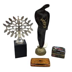 Mexican silver Tree of Life by Los Ballisteros stamped 925 on ebonised plinth H16cm, limited edition abstract bronze nude by Louisa Dimitriou no. 14/100, 19th century burr snuff box with tortoiseshell interior and a Cloisonné trinket box (4)