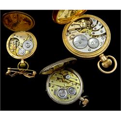 Early 20th century 14ct gold open face keyless cylinder ladies pocket watch, stamped 14K, with 9ct gold bow ribbon brooch, gold-plated full hunter keyless lever pocket watch and one other silver keyless cylinder fob watch