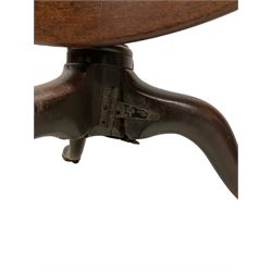 George III mahogany tilt-top tea table, circular top over bird cage bracket, turned vasiform pedestal terminating in tripod base with cabriole supports on brass castors