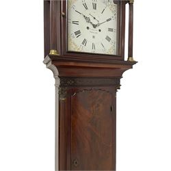 W. Phillips of Bromyard - 8-day mahogany longcase with a painted moon roller dial, c 1790,
swans neck pediment with dog tooth moulding, raised carving and  brass paterie, break arch hood door beneath flanked by reeded pilasters with brass Corinthian capitals, trunk with a blind fret, reeded quarter columns and long wavy topped door,
Plinth with a deep moulding and canted corners raised on a shaped base, painted dial with gesso spandrels, Roman numerals, five minute Arabic's and minute dots, with steel hands, seconds dial and square date aperture, dial pinned to a rack striking movement with an anchor escapement, striking the hours on a cast bell. A clockmaker by the name of John Phillips is recorded as working in Bromyard (Worcs)  in the early to mid 18th century, certainly by 1770-90. W. Phillips was possibly an unrecorded son or brother also working in the same family clockmaking business during the later part of the 18th century.
