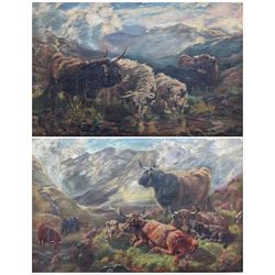 Scottish Naive/Primitive School (Early 20th century): Highland Cows Watering at River, pair oils on canvas signed J Roberts and dated 1908, 39cm x 60cm (2)