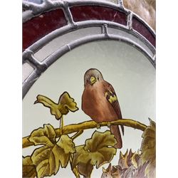 Late Victorian large stained and leaded  glass window panel with a circular centre panel of a bird on a branch in wooden frame 80cm x 90cm 