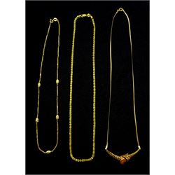 18ct gold bead necklace and two 9ct gold necklaces, all stamped