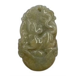 20th century Chinese jade pendant in the form of a rat, a jade pig L4cm, cinnabar and copper ring and a carved fruitwood mask ojime (4)