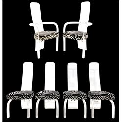 Possibly Charles Hollis Jones - 1970/80s set six style mid-century high back lucite dining chairs, curved back with tubular supports, upholstered in zebra print fabric