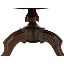 Victorian mahogany breakfast table, circular top with moulded edge and banded frieze, raised on a turned lobe bolster pedestal with tripod base, the scroll carved cabriole supports terminating in brass and ceramic castors