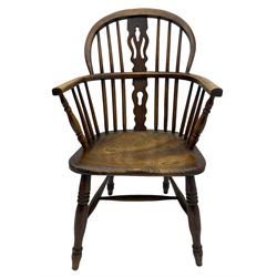 19th century elm and ash Windsor armchair, double hoop and stick back with pierced splat, dished seat on turned supports joined by H stretchers