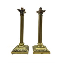 Pair of brass Corinthian column table lamps, H50cm overall