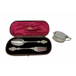 Late Victorian silver christening spoon and fork with cherubic mask finials London1895/6 in Goldsmiths and Silversmiths case and a silver oval mustard pot 4.3oz