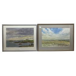 Quantity of china and glassware including Denby together with quantity of prints in six boxes; Stephen Weld (British Contemporary): Moorland and Coast, pair watercolours signed
