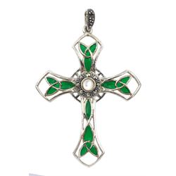 Silver plique-a-jour, mother of pearl and marcasite cross pendant, stamped 925