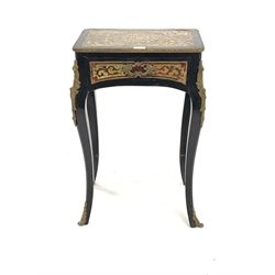 19th century French ebonised occasional table, with Boulle work top and frieze panels, single drawer, raised on cabriole supports, with ormolu mounts, W47cm, H72cm, D34cm