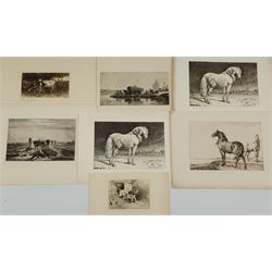 Anton Rudolf Mauve (Dutch 1838-1888): 'Milking Time', etching titled in pencil, together with six further etchings and engravings with an animal theme, max 18cm x 26cm (7)