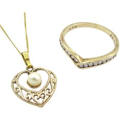 Gold channel set diamond wishbone ring and a gold pearl heart pendant necklace, all 9ct hallmarked or tested