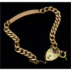 9ct rose gold identity bracelet, London import 1979, with heart locket charm, stamped 9c 