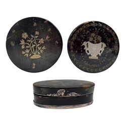 18th/ 19th century tortoiseshell circular snuff box and cover inlaid with gold pique work flowers and insects D9cm, another with silver pique decoration and an oval tortoiseshell box (3)