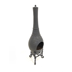 Cast iron chimenea garden heater, on scrolled tripod base 