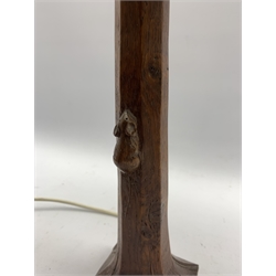 Thompson of Kilburn Mouseman oak table lamp with  square base and carved mouse signature circa 1940s, with a vellum shade inscribed 'Womens Land Army' H35cm excluding fitting and shade