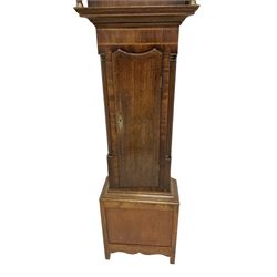 J Wilson of London - early 19th century oak and mahogany 8-day longcase c1820 - with a swans neck pediment and wooden paterae, break arch hood door with reeded pilasters and brass capitals, wavy topped trunk door with cross banding on a square plinth with a shaped base, painted dial with a painted oval to the break arch and geometric spandrels, Roman numerals and quarter hour Arabic's with conforming seconds and calendar rings, dial pinned directly to a rack striking movement, striking the hours on a bell. With weights and pendulum.