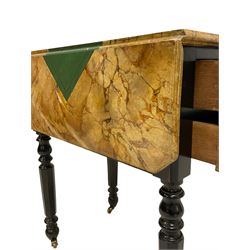 Victorian ebonised drop-leaf pot cupboard with later trompe l'oeil painted top, depicting marbled surface with baize cloth, playing cards and pencil, fitted with two drawers to one end and cupboard to the other with marble inset, on turned and faceted supports with brass castors