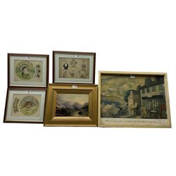 English school (19th century) lake and mountain scene, oil on board; pair watercolours of turkey and grouse; watercolour of geese characters, vintage Post Office Savings Bank poster depicting Moelfre, Anglesey (5). 