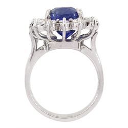 18ct white gold sapphire and round brilliant cut diamond cluster ring, stamped, sapphire approx 6.20 carat, total diamond weight approx 0.85 carat