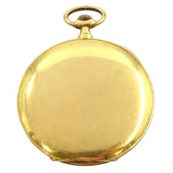 Early 20th century 18ct gold open face cylinder pocket watch, silvered dial with Arabic numerals and subsidereary seconds dial, case by Stockwell & Co, London import mark 1910