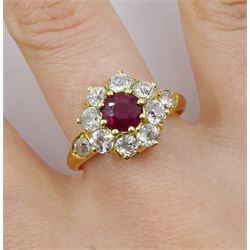 18ct gold ruby and old cut diamond cluster ring, total diamond weight approx 1.25 carat