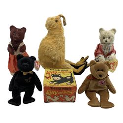  Chad Valley Kiwi for Kiwi polish in orange mohair, two Beanie bears, two Japanese clockwork bears and Tri-ang Minic 'Kitty and Butterfly' clockwork toy, boxed (6)
