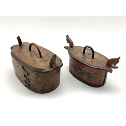  Scandinavian Folk Art bentwood box and cover painted with flowers W17cm and another Folk Art box and cover W16cm  