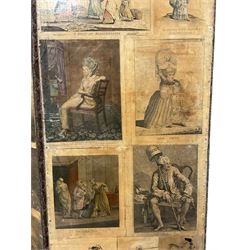 18th century decoupage four panel folding screen, each panel applied with engraved and hand-coloured plates from various fashion, satirical and political publishings, each panel 246cm x 56cm
Notes: engravings include: John Wilkes by William Hogarth, portraits of peoples visited by Captain James Cook painted by William Hodges, 'Collection of the Dresses of Different Nations Ancient and Modern' by Thomas Jeffreys 
Provenance: property of a gentleman