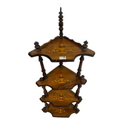 Late 19th century inlaid mahogany four tier corner whatnot, the tiers with shaped fronts and inlaid with satinwood and ebony urns, the uprights and supports turned and carved with rope-twists
