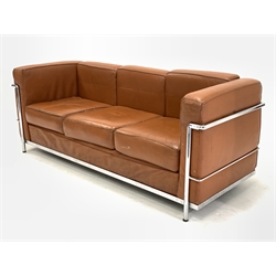 After Le Corbusier - Mid 20th century three seat sofa with chrome frame and brown leather upholstered arm rests and loose cushions
