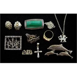 God four stone ruby ring, stamped 14K 585 and a collection of silver and stone set silver jewellery including malachite brooch, dolphin brooch, pair of flower stud earrings and chains etc, all hallmarked or tested