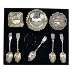Five Victorian silver fiddle pattern teaspoons Exeter 1861 Maker Josiah Williams & Co, small embossed silver sweetmeat dish, another on pedestal foot, silver ashtray and a bangle